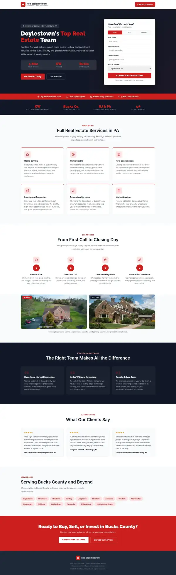 The whole concept homepage for Red Sign Network, scaled down to show its structure from top to bottom.