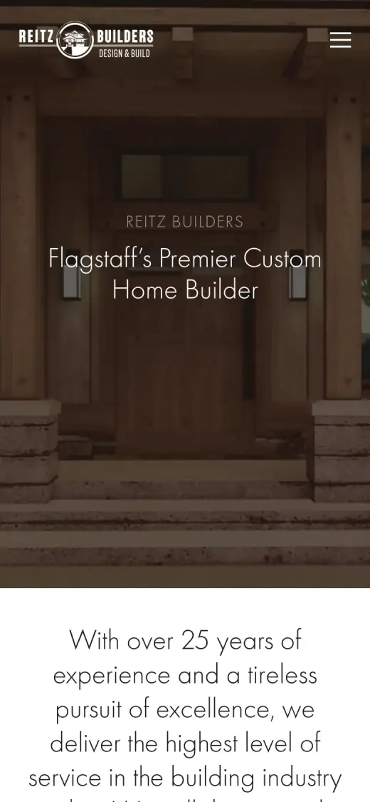 The original mobile first screen: the logo, a menu icon, and the headline "Flagstaff's Premier Custom Home Builder" over the same dark porch photo, with no button.
