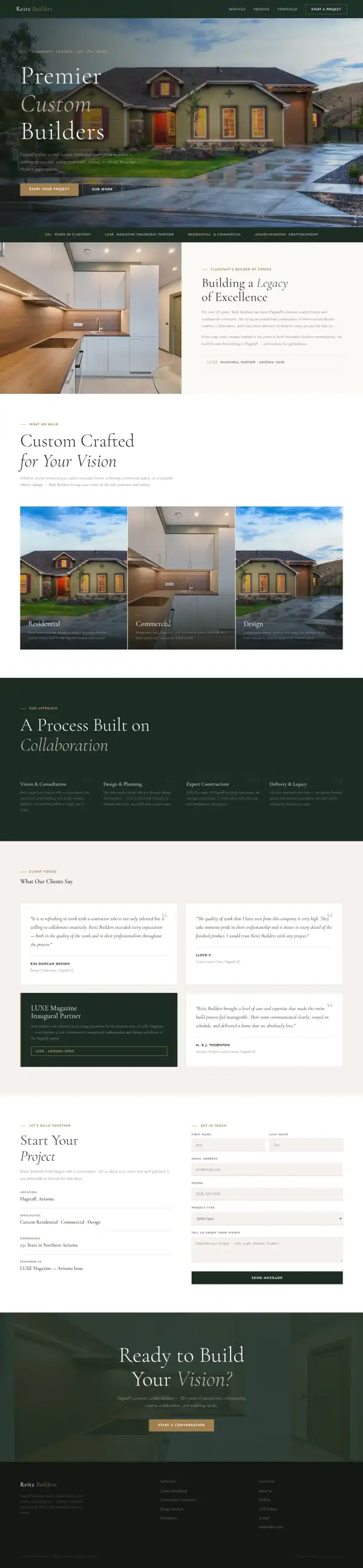 The whole concept homepage for Reitz Builders, scaled down to show its structure from top to bottom.