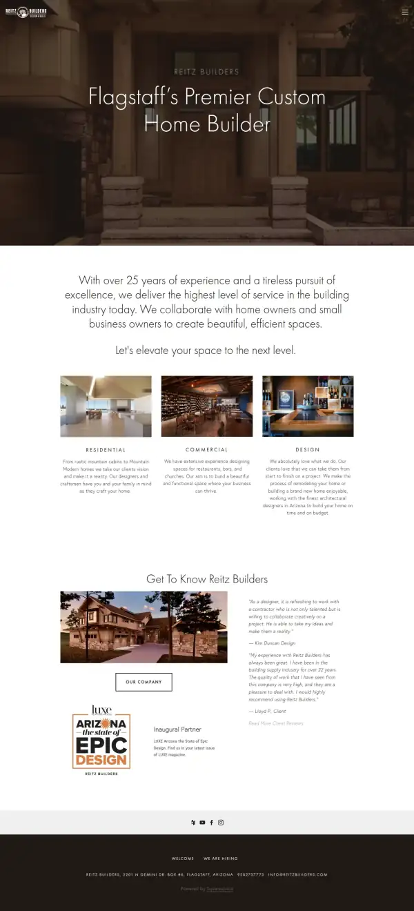 The whole original Reitz Builders homepage, scaled down to show its structure from top to bottom.