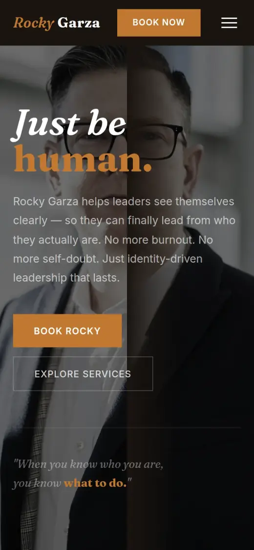 The concept mobile first screen: the logo, a Book Now button and a menu icon in the header, the headline "Just be human.", a short paragraph, and Book Rocky and Explore Services buttons.