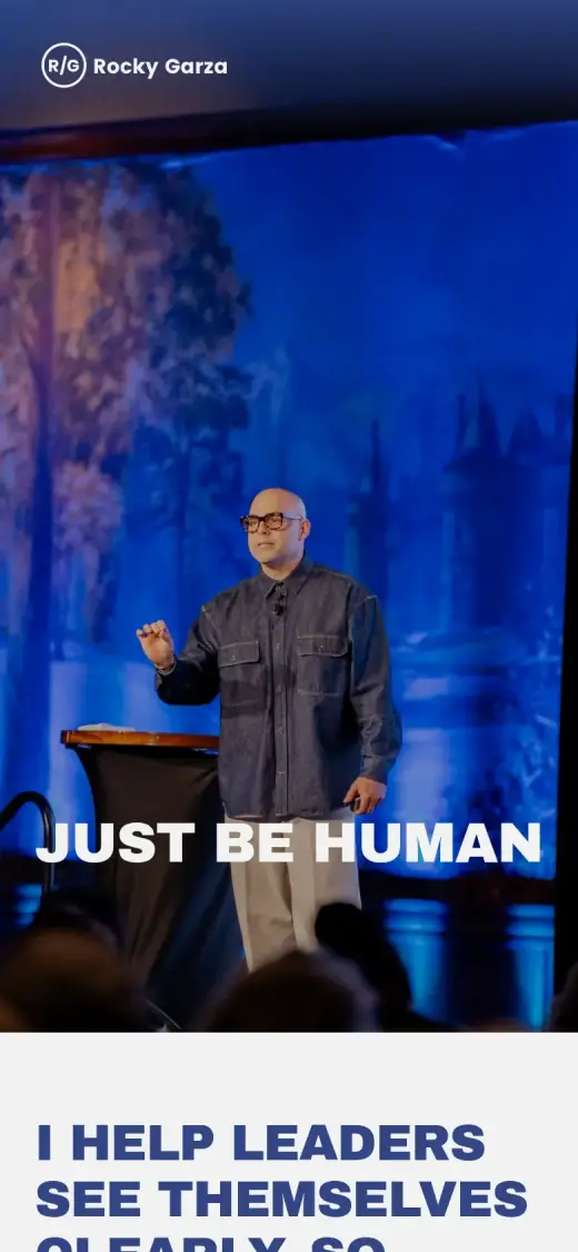 The original mobile first screen: the logo, then a tall photo of Rocky on stage with "JUST BE HUMAN" over the bottom of it, and the start of a blue headline below. There is no button.