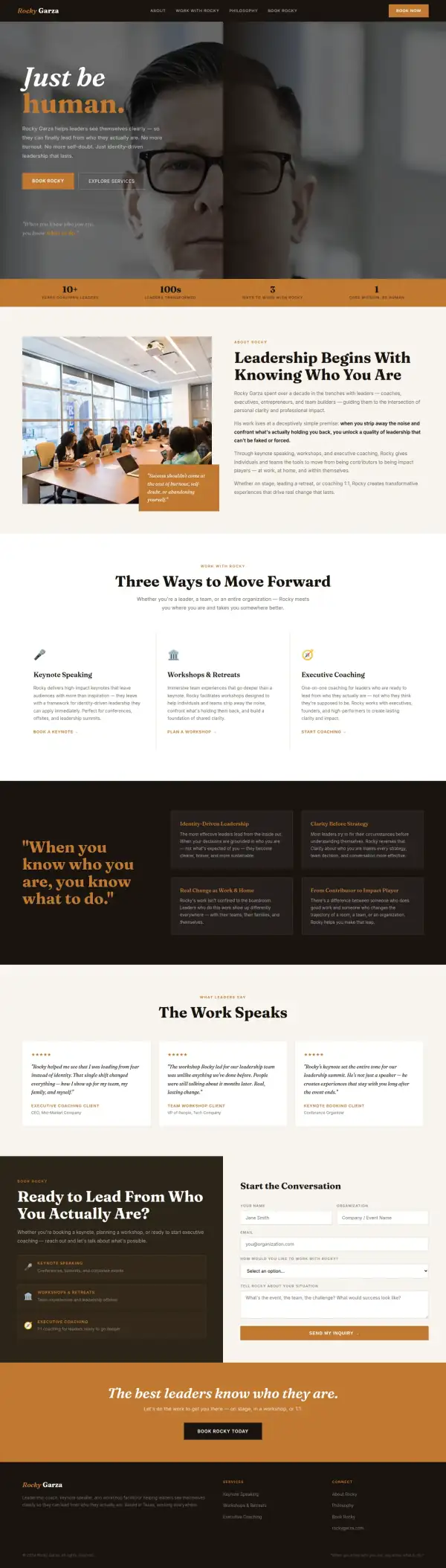 The whole concept homepage for Rocky Garza, scaled down to show its structure from top to bottom.