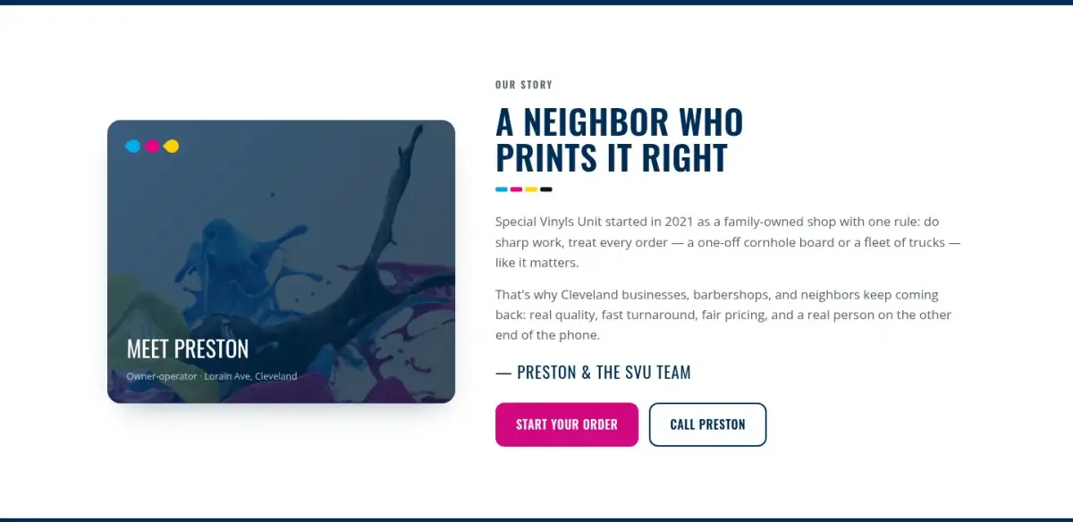 New section: A neighbor who prints it right, about Preston and the shop, with Start your order and Call Preston buttons.