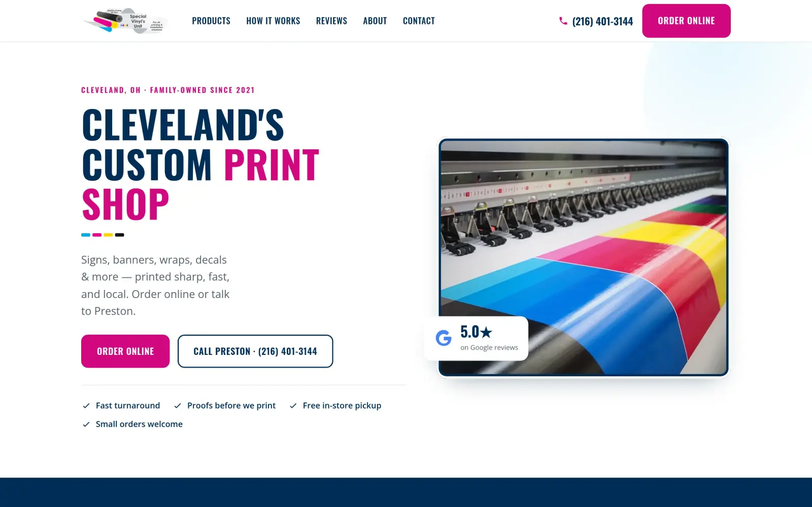 The concept homepage: the headline "Cleveland's Custom Print Shop", a magenta Order Online button, a Call Preston button and a 5.0 Google rating badge.