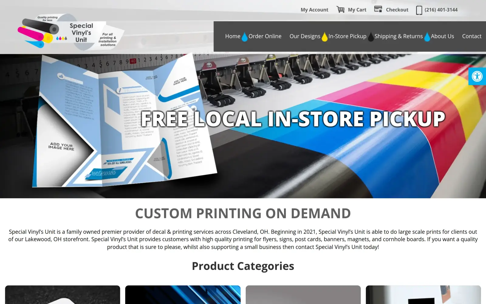 The original homepage: a promo banner reading "Free local in-store pickup" over a photo of a printer and a template brochure, with a long paragraph below.