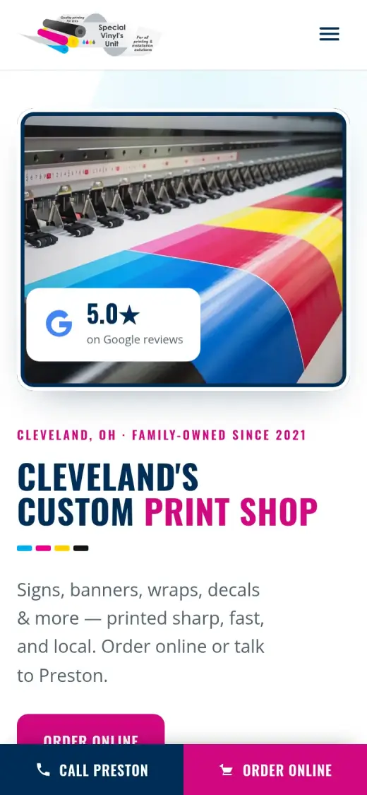 Concept mobile first screen: printer photo with rating badge, the headline, and a sticky bar with Call Preston and Order Online.