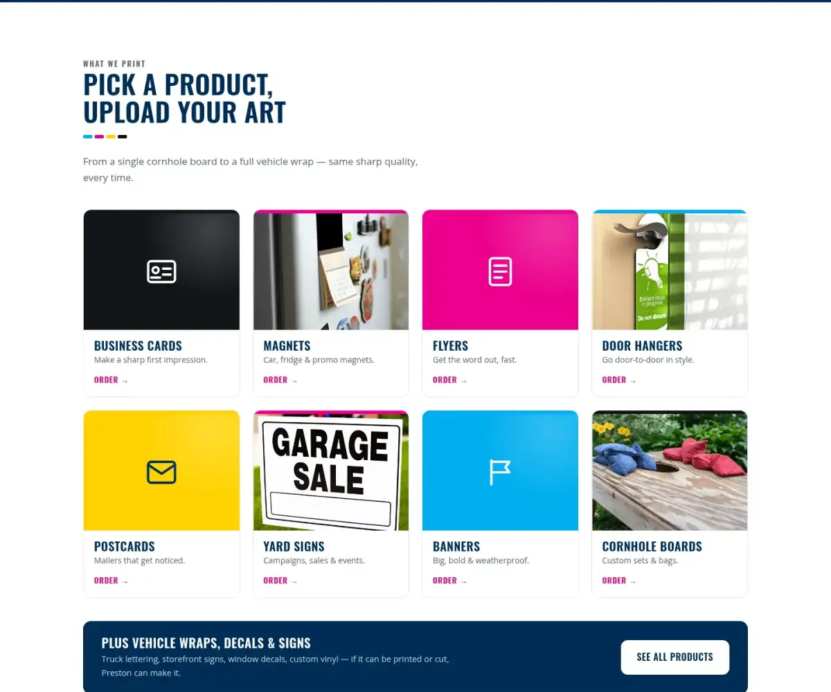 Concept product grid: eight tiles with real photos or plain CMYK colour blocks, each with an Order link.