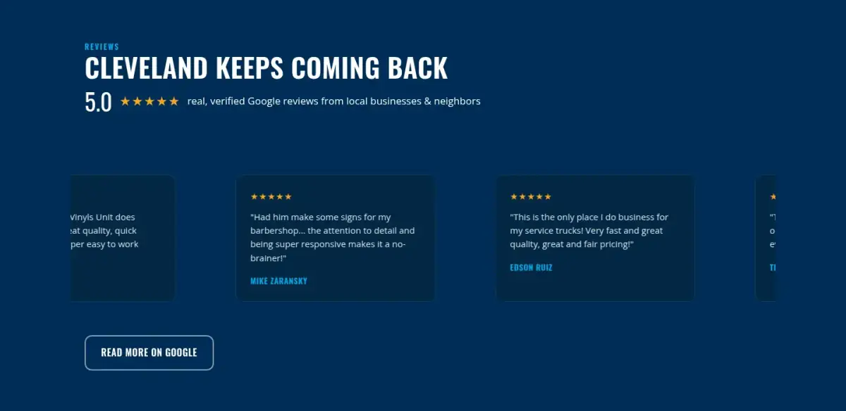 Concept reviews: a navy band headed "Cleveland keeps coming back" with several named reviews in a row.
