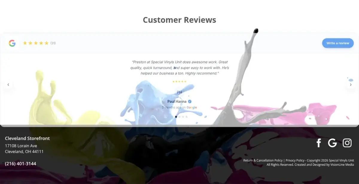 The original reviews area at the bottom of the page: a single review card in a slider over a paint-splash graphic, above the footer.